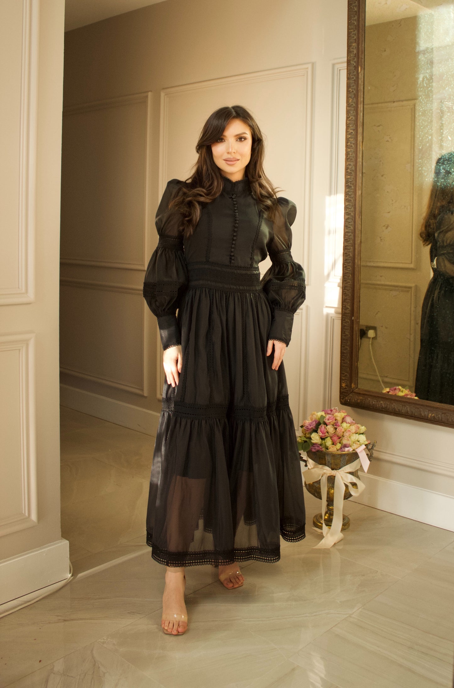 Elegant Black Maxi Dress with Sheer Details