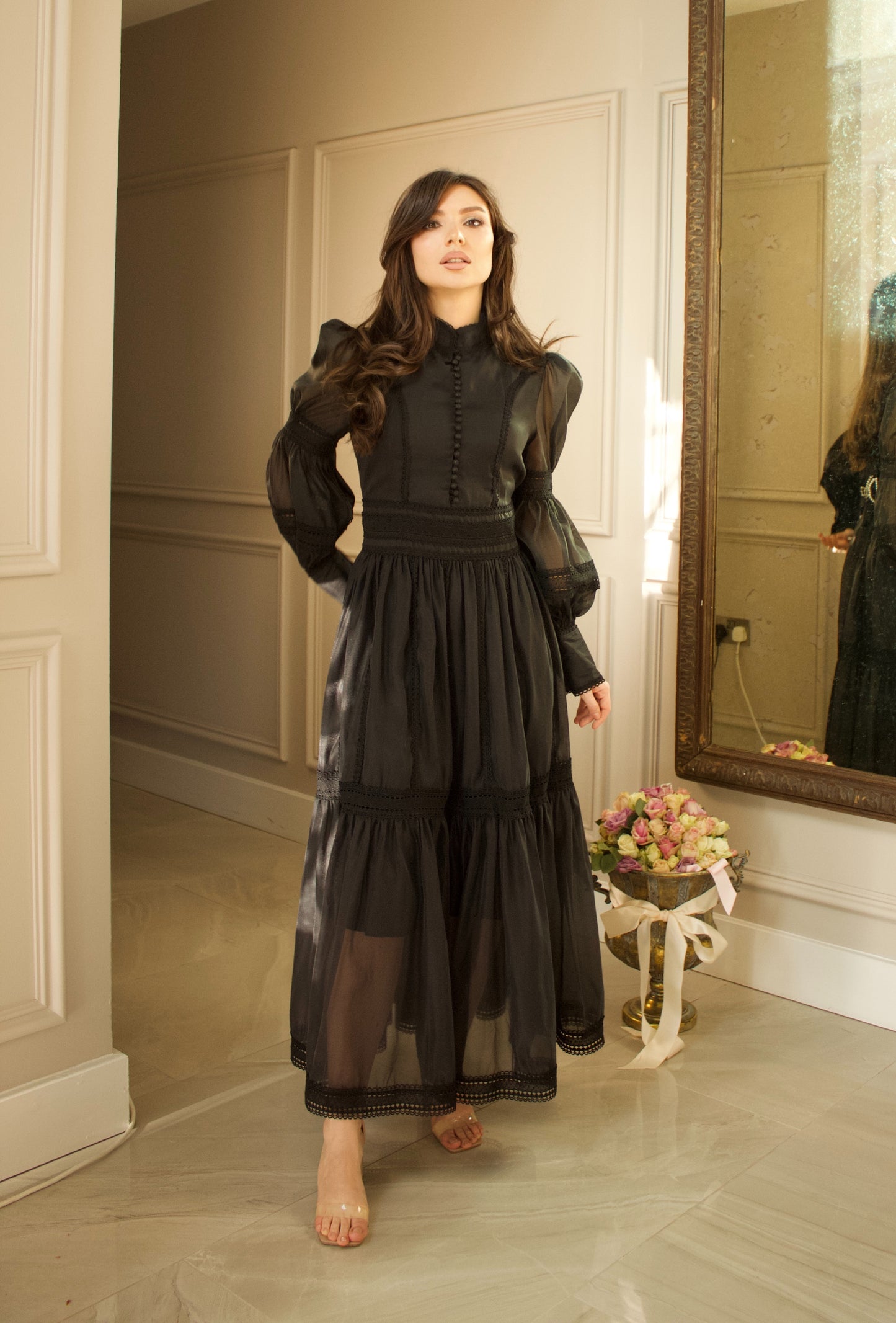 Elegant Black Maxi Dress with Sheer Details