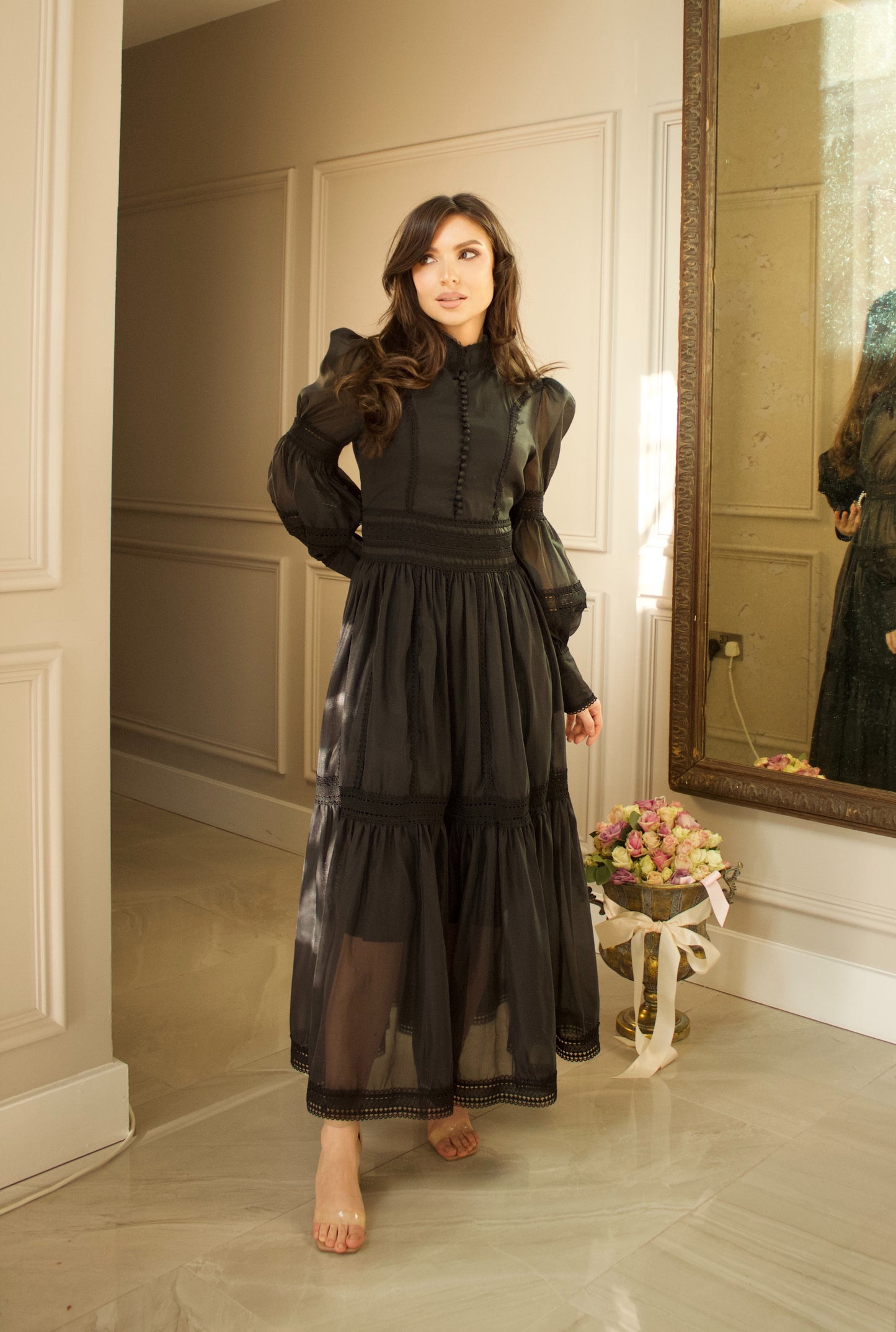 Elegant Black Maxi Dress with Sheer Details