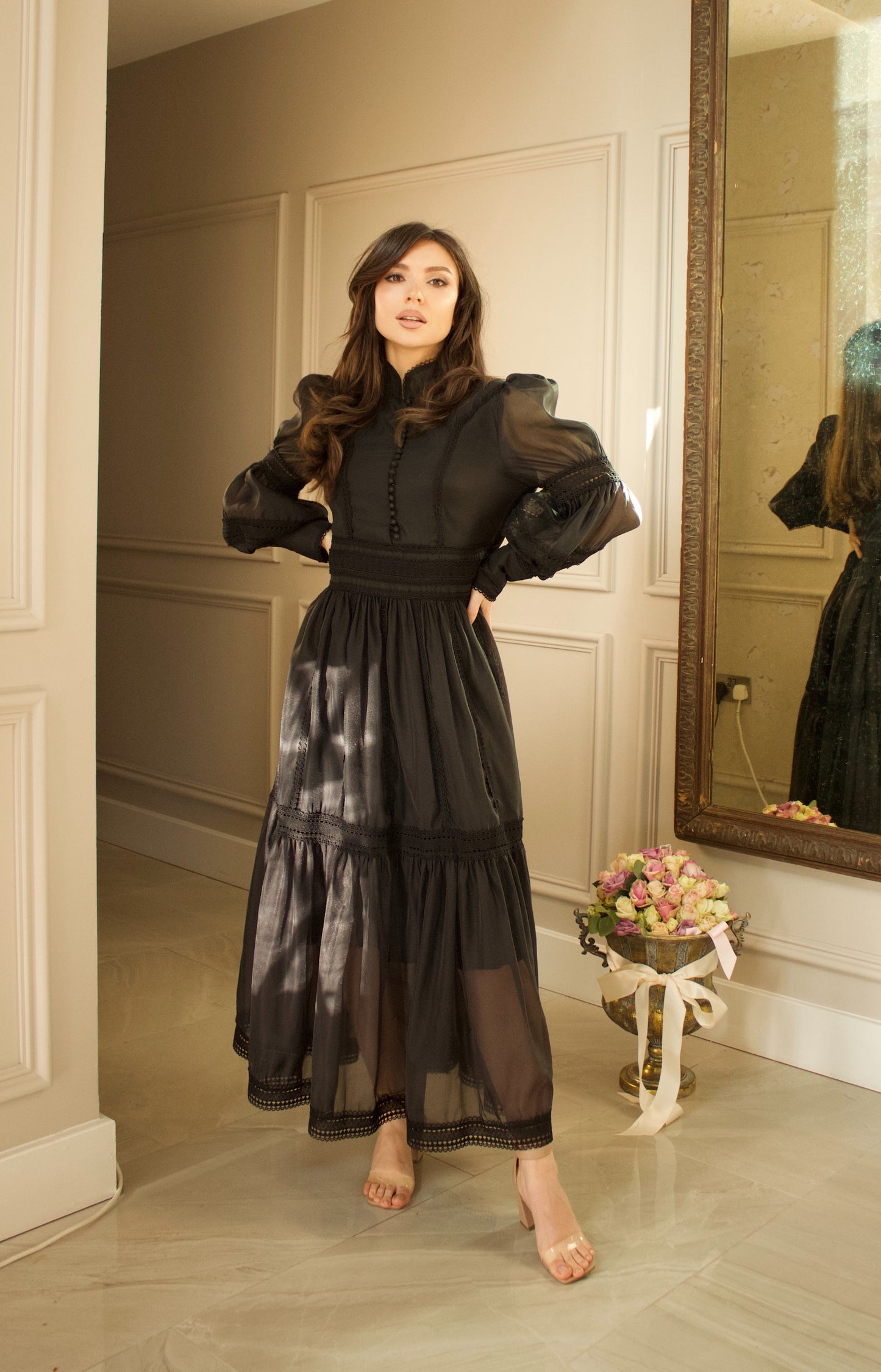 Elegant Black Maxi Dress with Sheer Details