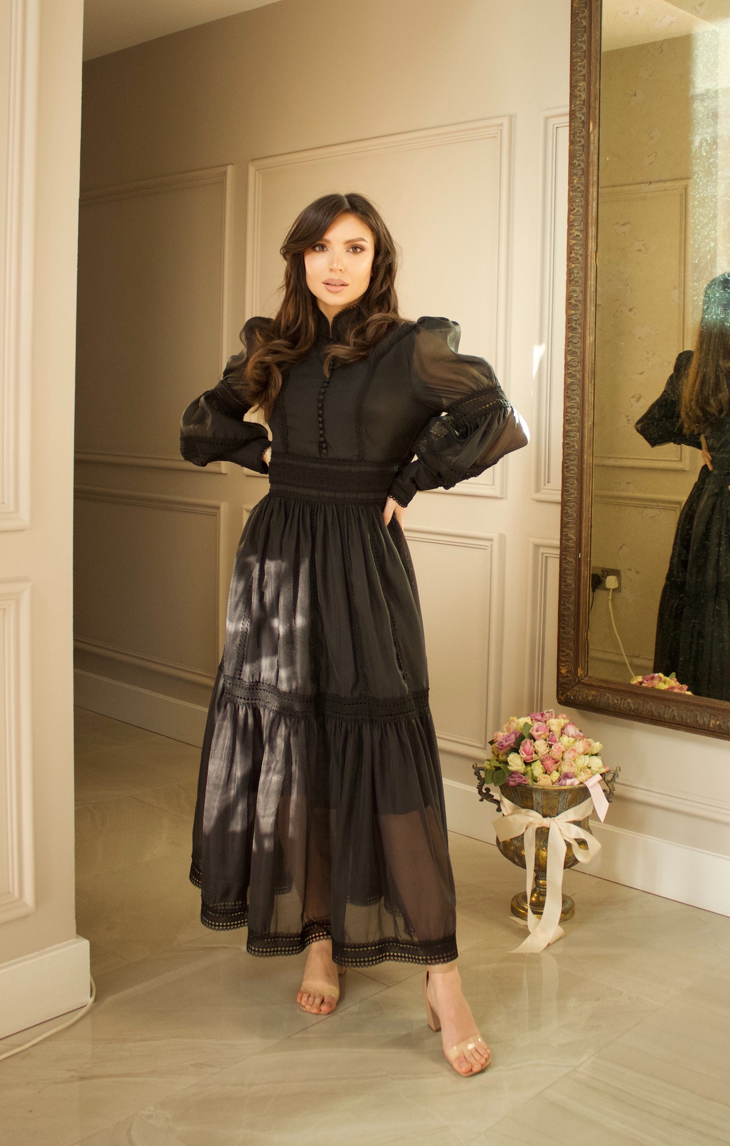 Elegant Black Maxi Dress with Sheer Details
