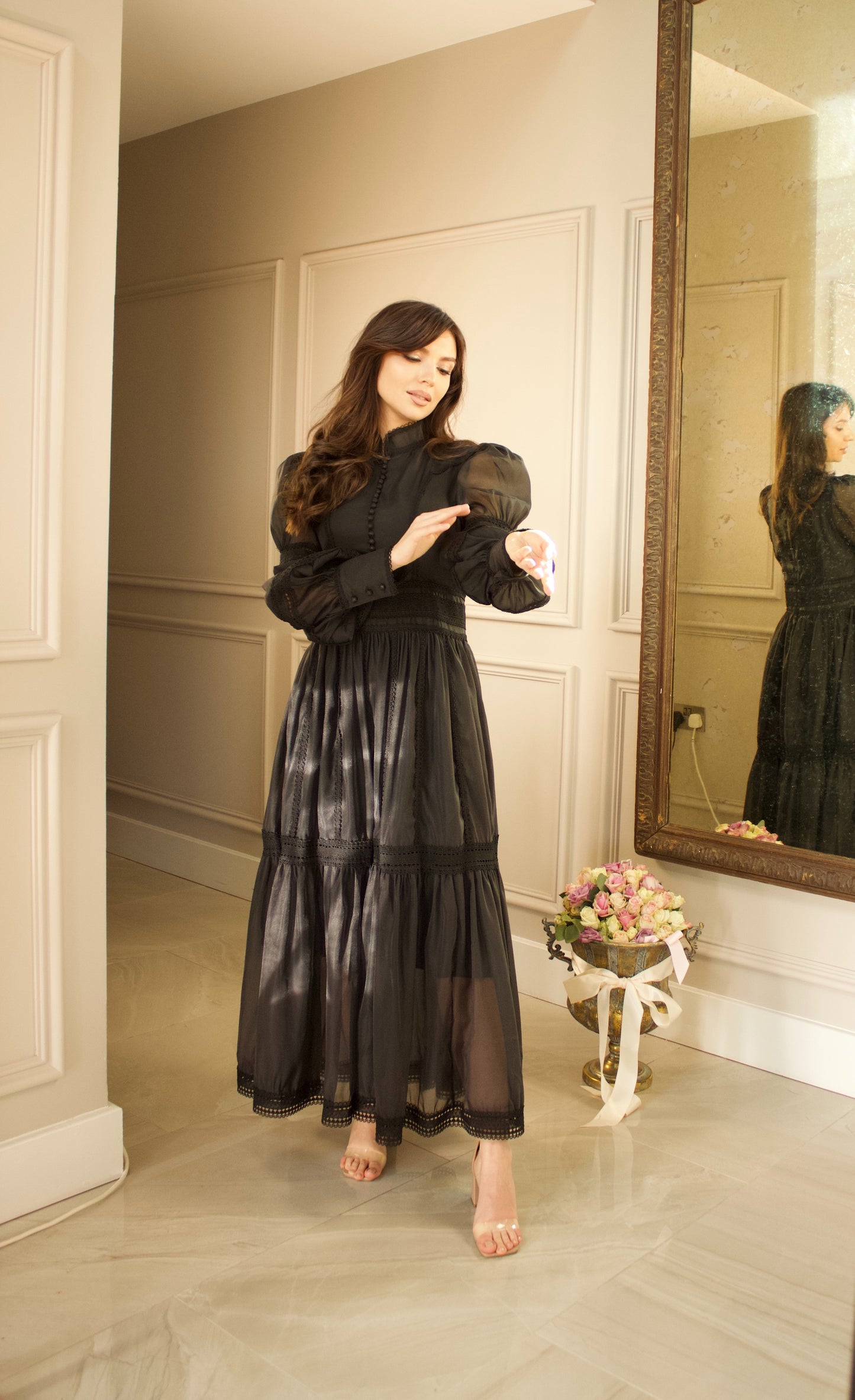 Elegant Black Maxi Dress with Sheer Details