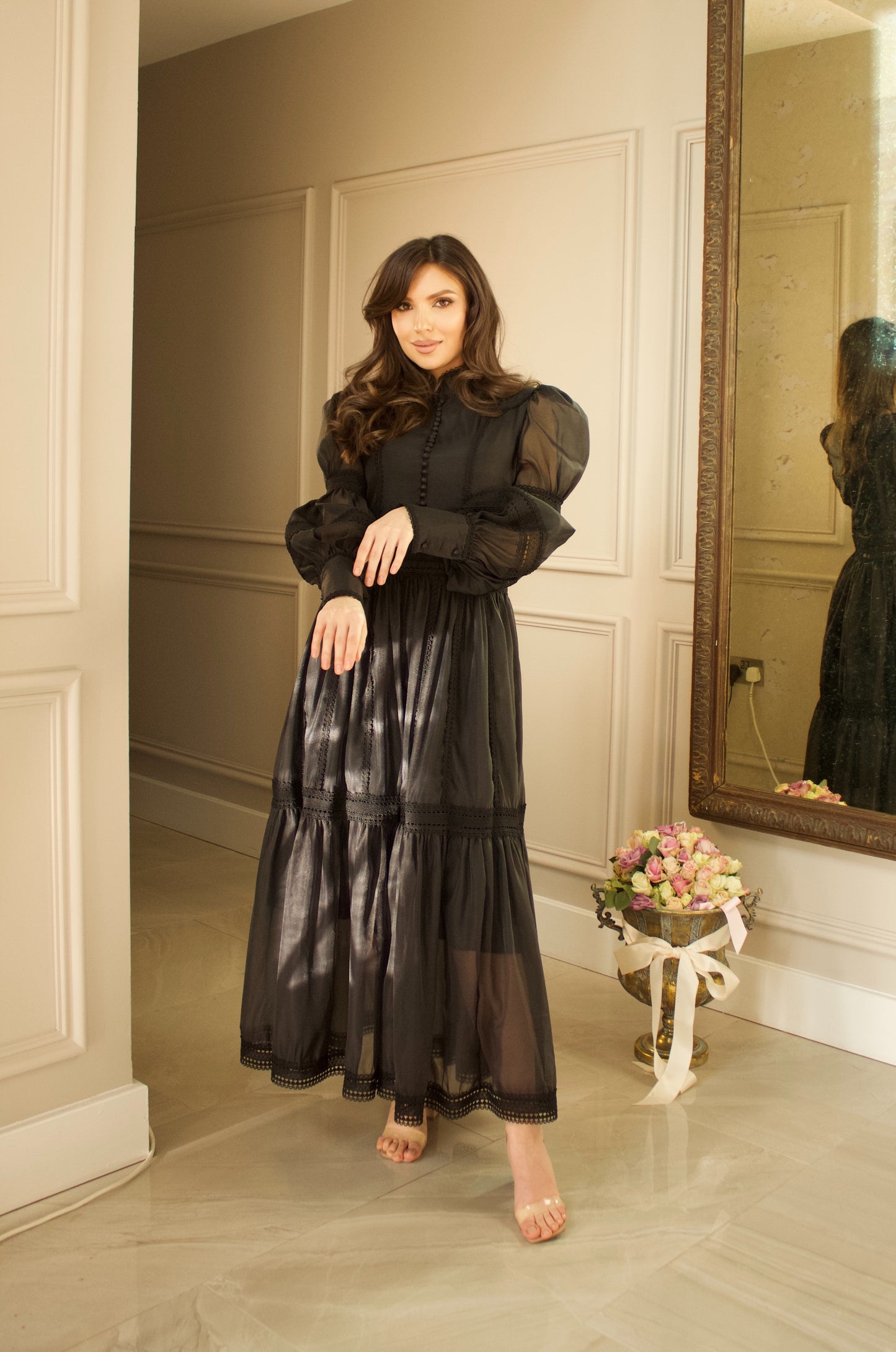 Elegant Black Maxi Dress with Sheer Details