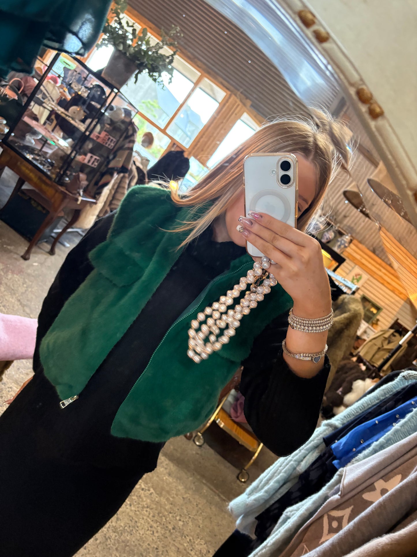 Faux Fur Bomber Gilet Green