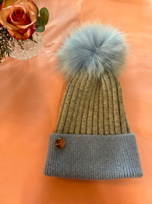 Cashmere Pompom Hat - Grey & Blue