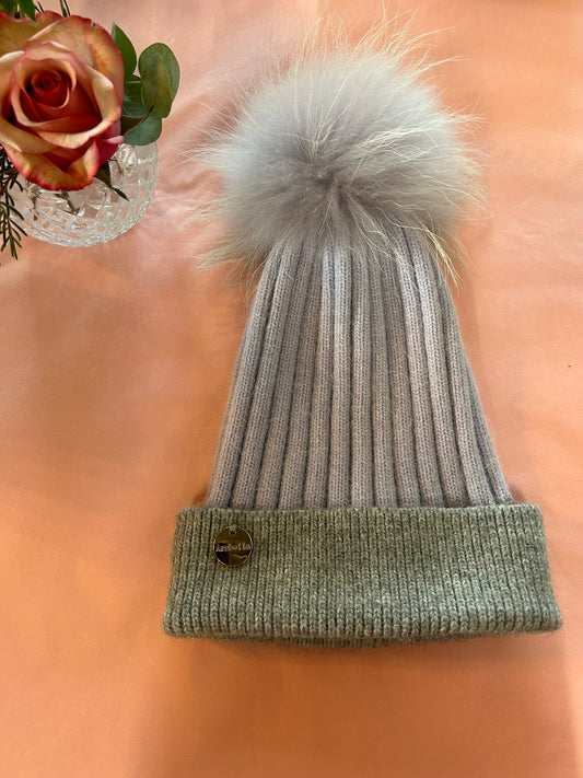 Cashmere Pompom Hat - Lilac & Grey