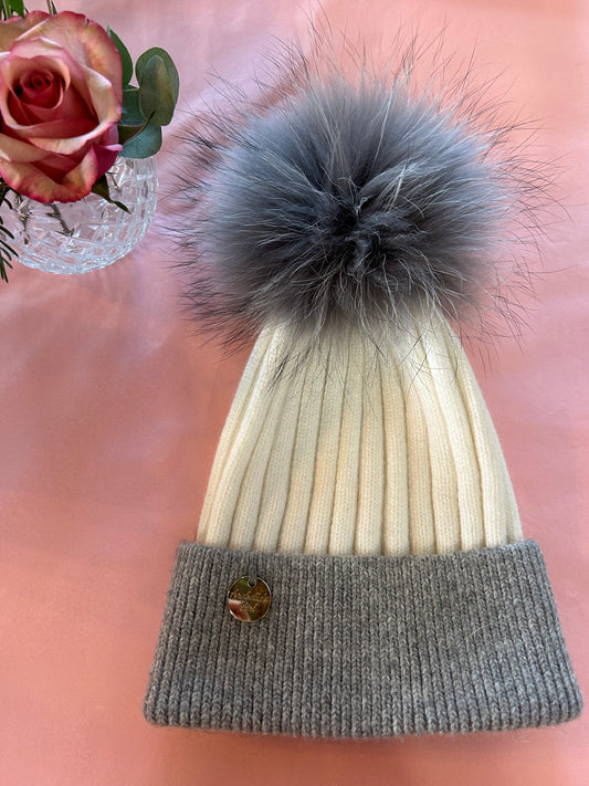 Cashmere Pompom Hat - Cream & Grey