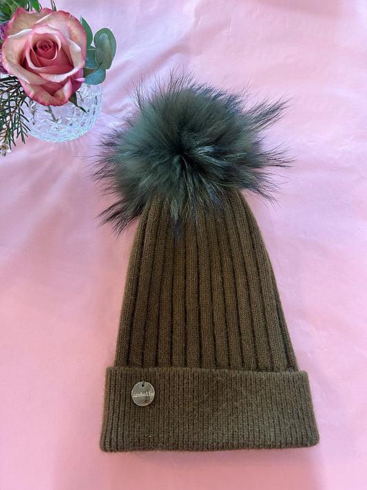 Cashmere Pompom Hat - Khaki
